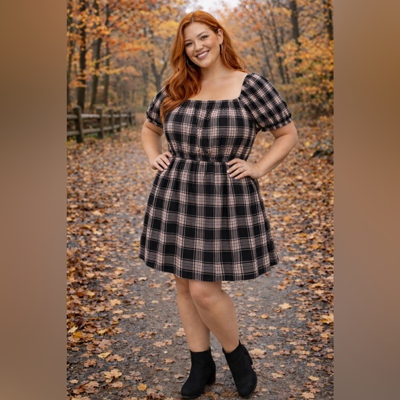 Torrid Black & Brown Plaid Puff Sleeve Mini Challis Dress, Large, NWT! - Picture 10 of 16